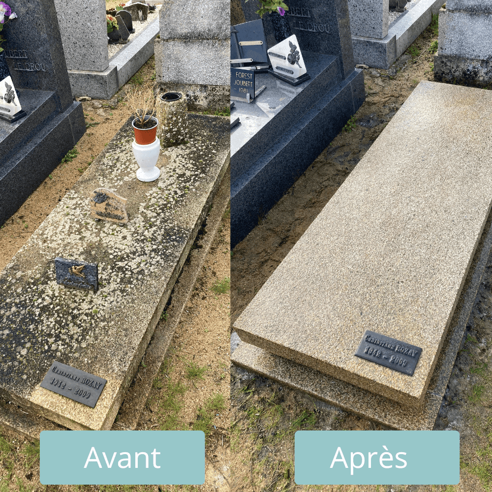Nettoyage de sépulture avant/après à Nantes : rénovation avec des produits naturels, sans karcher